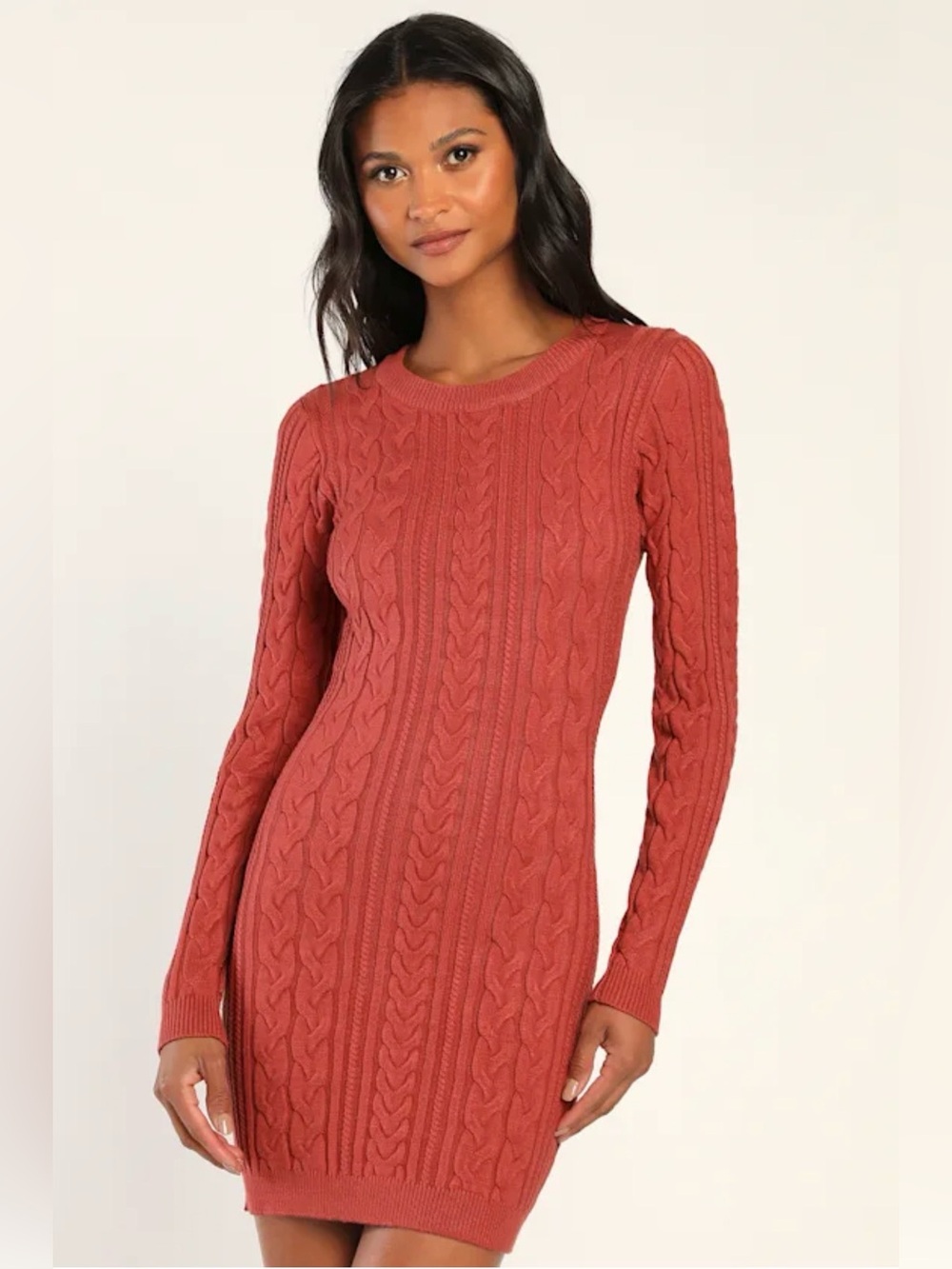 Lulus Women's Snuggly Sensation Rust Red Cable Knit Bodycon Sweater Dress